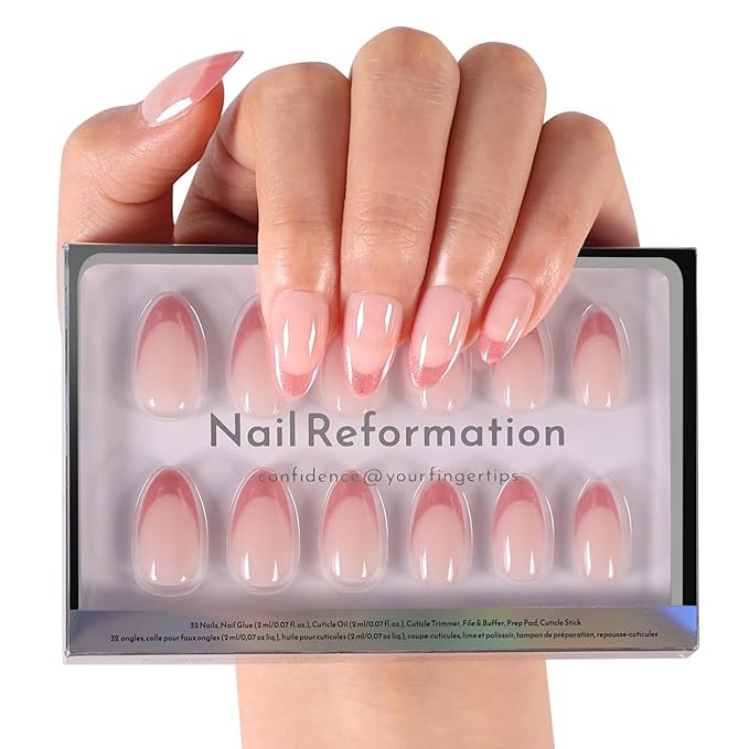 Nail Reformation Press On Nails, Lip Balm | Sheer Nude Short Almond 32 Pcs | 16 Sizes Fake Nails with Iridescent Pink Shimmer French Tip, Glossy Reusable Stick On Nails Kit, Manicure Gifts for Women