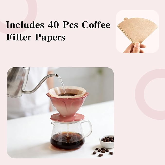 Premium Ceramic Pour Over Coffee Dripper，Includes 40pcs Coffee Filter Papers, suitable for home and travel, Flower Petal Dripper（Gradient Red）