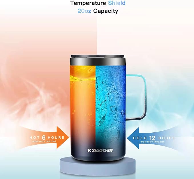 KXIAOCHEN 20 oz Insulated Coffee Mug, Coffee Cup with Lid and Wide Handle | 18/8 stainless steel, 6+ hours hot or 12+ hours cold, wide mouth, no-sweat exterior, for office, work, home and camping