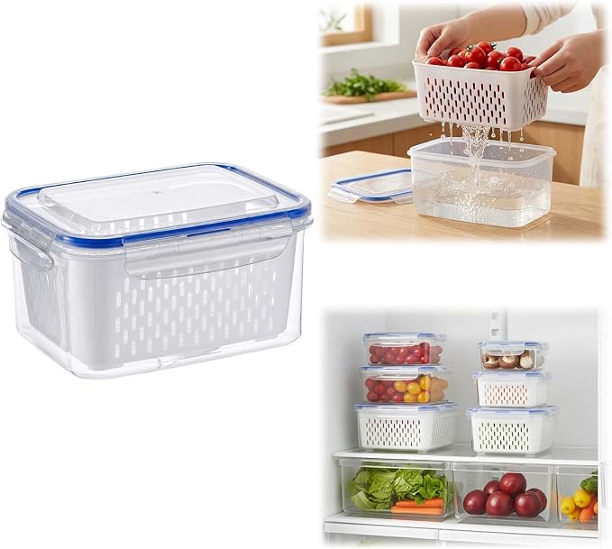 Fruit Storage Containers for Fridge with Removable Colander, Airtight Produce Storage Containers with Lids, Fridge Organizers and Storage for Berry, Fruit, Vegetables, Salad & Meal Prep (Blue, S)