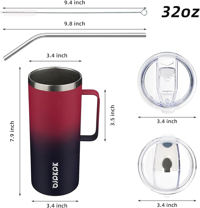 BJPKPK 32oz Insulated Coffee Mug with Handle, Stainless Steel Travel Mug | Keeps Drinks Hot & Cold, Double Wall Vacuum, 2 Lids Included, BPA-Free Coffee Tumbler for Home, Office & Travel