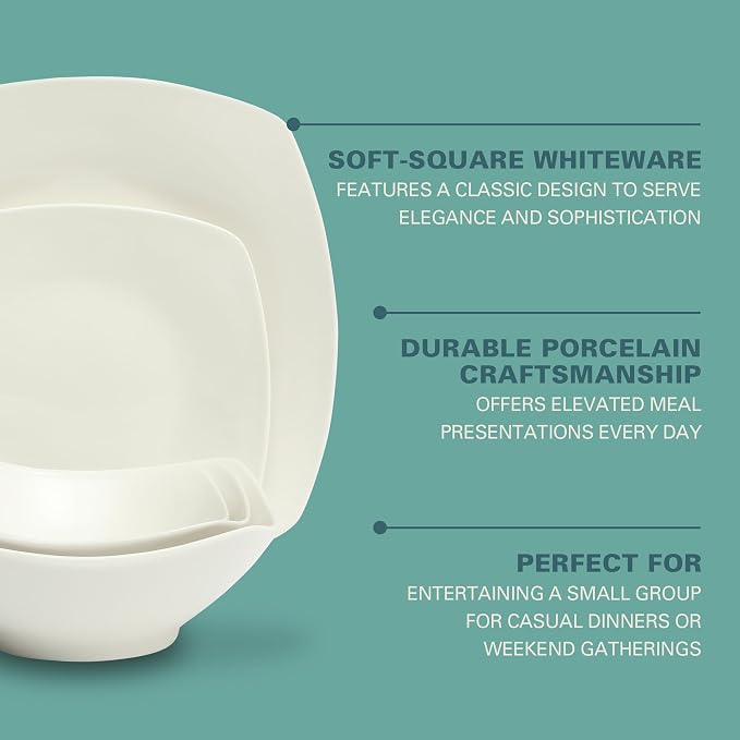 Gibson Home Brentwood 40-Piece Dinnerware Set – Square White Porcelain Plates and Bowls, Service for 8, Dishwasher & Microwave Safe, Modern Everyday Dinner Set with Cereal, Dessert, and Entrée Bowls