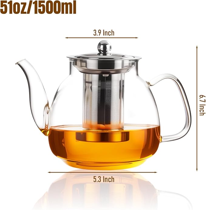 PARACITY Glass Teapot with Infuser, 50 oz Stovetop Kettle for Loose Tea | Borosilicate body with removable 18/8 steel strainer brews blooming and herbal teas; long spout supports travel or camping