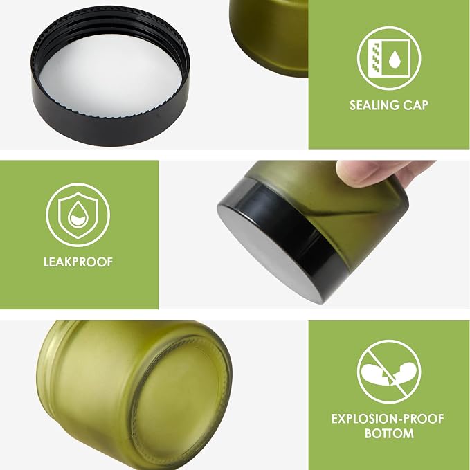 2oz Jars with Lids, Hoa Kinh 24 Pack Green Frosted Glass Jars with Lids | Empty Cosmetic Containers Round Airtight Glass Jar with Inner Liners and Lid for Storing Lotions, Powders, and Ointments