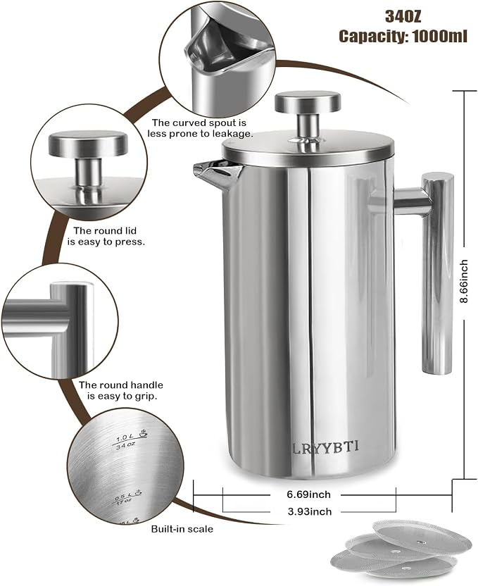 French Press Coffee Maker, Silver, 34 OZ (1 Litre) | 304 Stainless Steel Coffee Press with scale lines and 2 Extra Filters for Kitchen & Camping