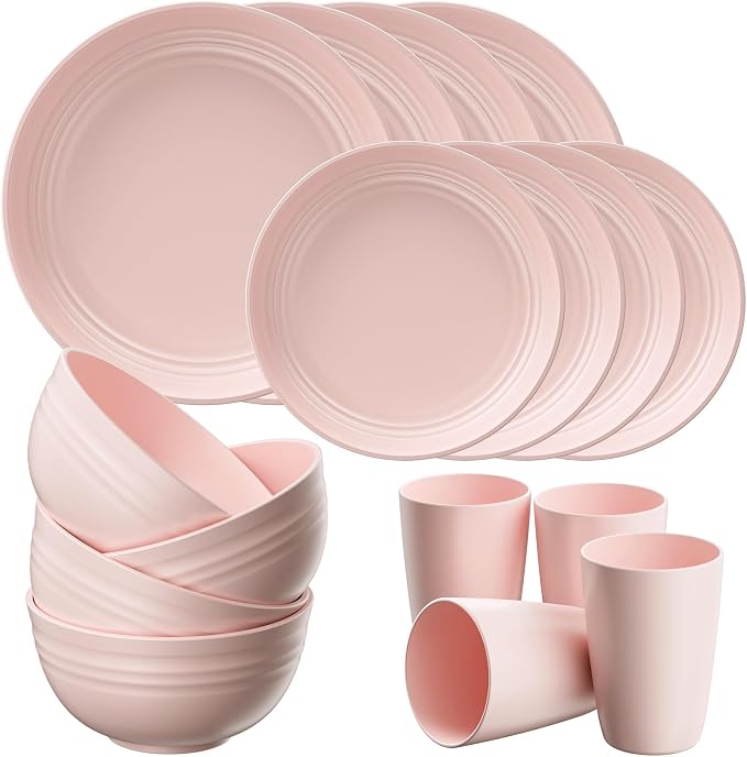 Quatish 32 Piece Plates and Bowls Sets for 8, Unbreakable Dinnerware Sets, Plastic Dish Set for Camping, Dishwasher Microwave Safe, Outdoor Kitchen and Apartment Dorm Dinning RV Essentials, Pink