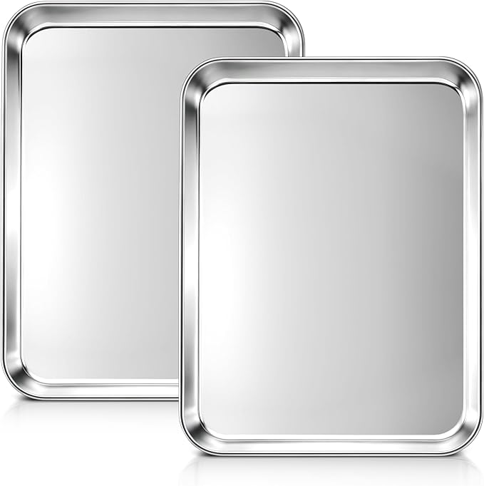 LIANYU Stainless Steel Tray for Baking, 9.2x7”Small Cookie Baking Sheet Pan | 2PCS Metal Cooking Sheet Tray for Oven, Rust Free & Mirror Finish, Dishwasher Safe, Heavy Duty, No Coating, Easy Cleaning