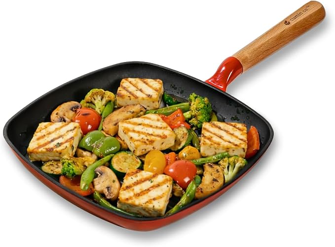 CUMIN CO. Enameled Cast Iron Grill Pan 10 Inch, 1.2 QT Grill Skillet – Non Toxic PFAS Free Cookware – Indoor Grill Pan for Steak, Chicken, Burgers & Vegetables – Induction & Oven Safe (Color: Rust)