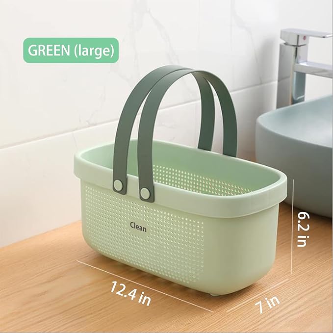 JiatuA Plastic Storage Basket with Handle Portable Shower Caddy Tote Organizer Basket Bin for Bathroom Kitchen Dorm Room Bedroom, Green | Sturdy Drainage Large Capacity Organizer Basket with Silicone Handles for Bathroom Kitchen Bedroom College Dorm Es...