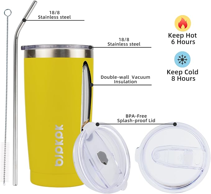 BJPKPK 20oz Coffee Tumbler with Lid & Straw, Insulated Stainless Steel Mug | Double Wall Vacuum, Keeps Hot/Cold, BPA Free, Leak Proof, Iced Coffee Cup Fit Car Holder, Travel & Beach, Goldenrod