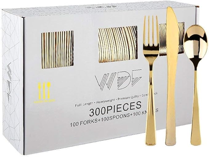 WDF300 Pieces Gold Plastic Silverware - Heavy Duty Disposable Cutlery Set Plastic Gold Silverware Set Includes 100 Forks, 100 Spoons, 100 Knives for Party/Baby Shower/Wedding/Birthday