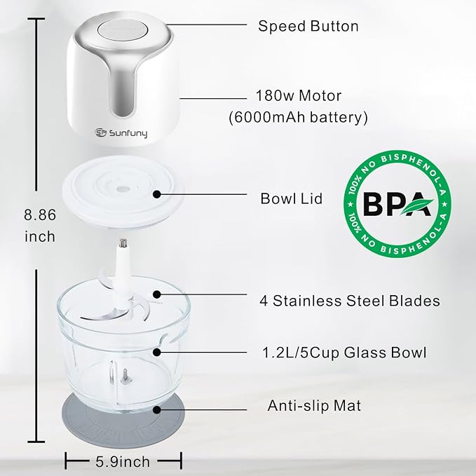 Food Processor Cordless, 6000mAh Wireless Garlic Chopper, 5-Cup Glass Bowl | USB-C Rechargeable Battery, 4 Blade, SUNFUNY Electric Vegetable Chopper, Portable Meat Blender Mixer, Small Kitchen Appliance