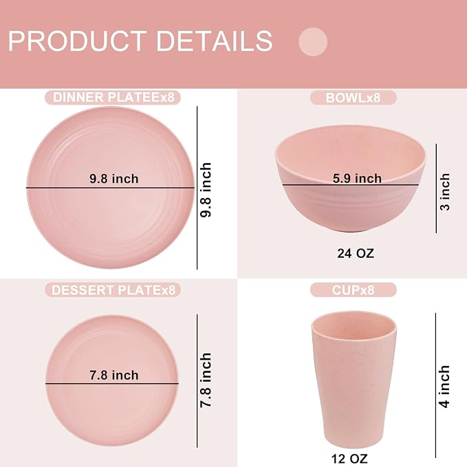 32Pcs Pink Plates and Bowls Sets for 8, Unbreakable Dinnerware | Lightweight reusable wheat straw pink dishes set. Shatterproof pastel camp plates & bowls for college dorm, RV, or picnics.