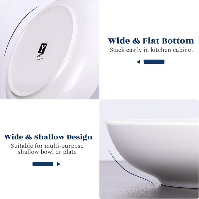 Y YHY Pasta Bowls 32oz, Ceramic Large Salad Serving Bowls, White Pasta Bowls Set, Shallow Soup Bowl Set of 4, Microwave & Dishwasher Safe