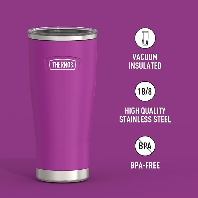 THERMOS Icon Series 24oz Stainless Steel Tumbler with Slide Lock Lid, Leakproof, Fits Cupholder, Dishwasher Safe, Griptec™ Non‑Slip Base, Keeps Drinks Hot 6 Hrs/Cold 22 Hrs, Plum