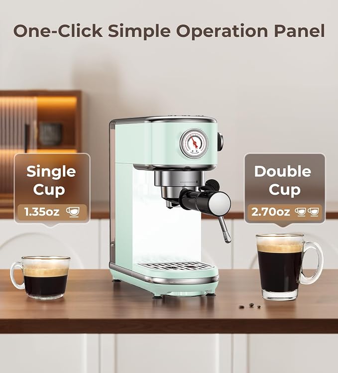 atatix 20 Bar Espresso Machine with Milk Frother, Compact Espresso Maker | Stainless Steel Coffee Machine with Precise Temp Control & 44oz Removable Water Tank for Latte, Cappuccino, Light Green