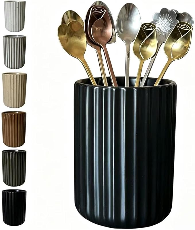 TOPYOKK Stoneware Coffee Bar Utensil Holder Tea & Coffee Spoon & Stirrer Holder for Stir Stick Straw Teaspoon Holder Espresso Spoon Cup Small Utensil Jar Fluted Vertical Stripe (Matte Black)