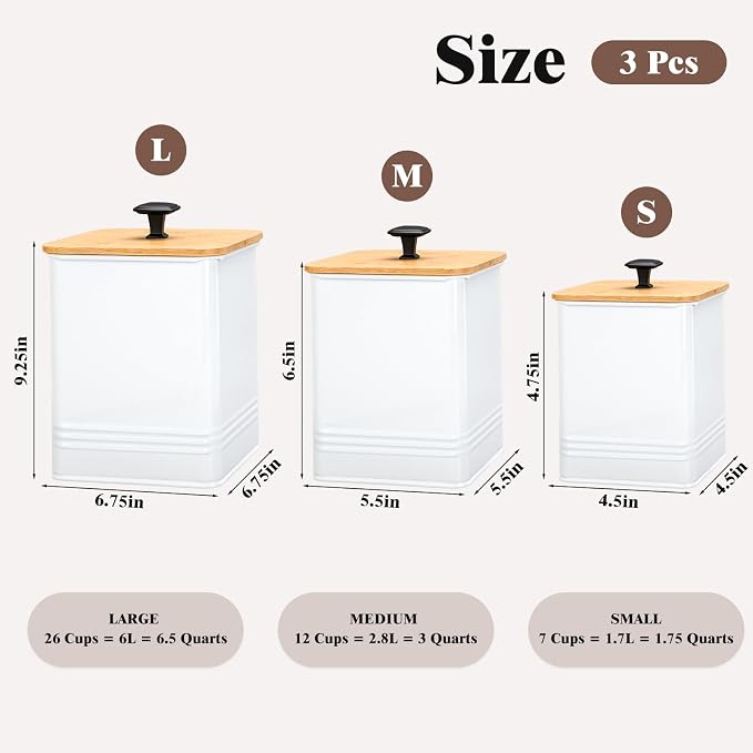 Kitchen Canisters Set of 3, Metal Flour Sugar Storage Containers with Airtight Lids-Canisters Sets for Kitchen with Customizable Chalkboard Labels & Marker Pen-Spice, Coffee Storage Jars(White)