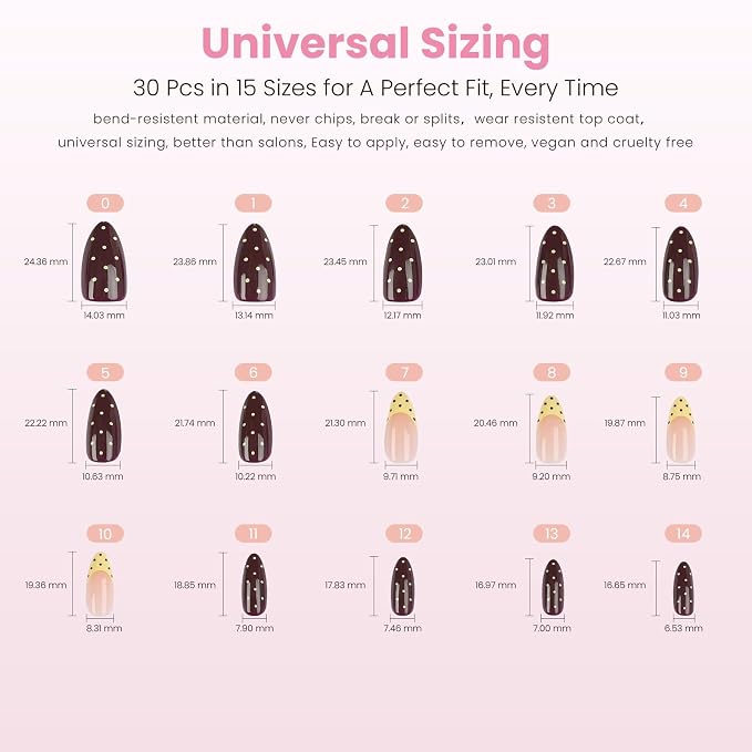 Nail Reformation Press On Nails, Polka Dot French Tip Medium Almond 30 Pcs | 15 Sizes Fake Nails in Chocolate Cream Nude with Glossy Finish, Reusable Stick On False Nail Kit, Manicure Gifts for Women