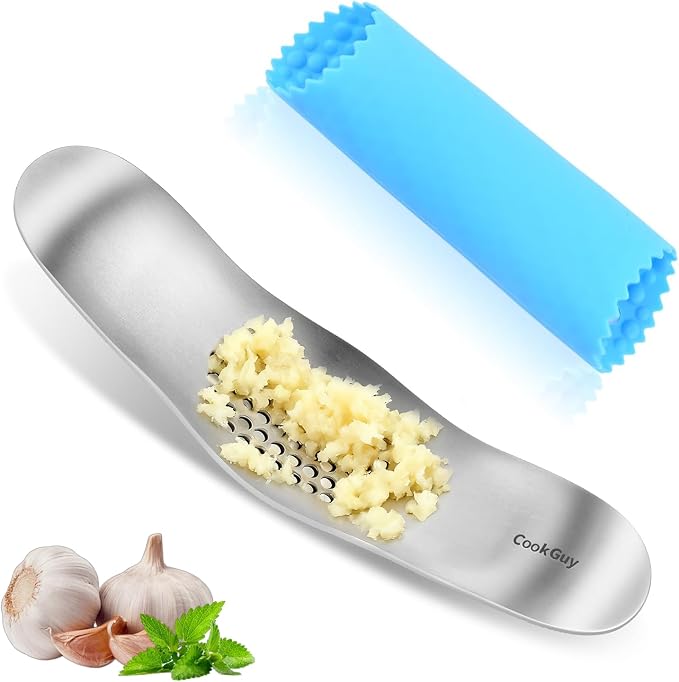Cook Guy Garlic Press Rocker Set -304 Stainless Steel Premium | All-Steel Garlic Mincer, Crusher, Peeler, and Scraper Tool for Effortless Mincing –Dual-Handle Garlic Grinder(B0201)