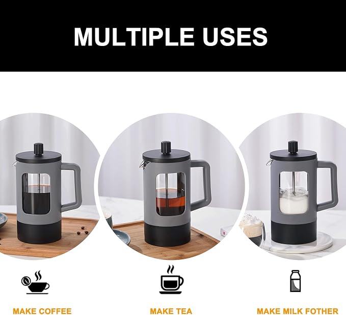 YOLIFE French Press Coffee Maker, 21 oz Small Coffee Tea Press with Heat-resistant Borosilicate Glass, 4-Level Filtration Systems, Portable Coffee Pot for Camping Travel Gifts, Grey and Black