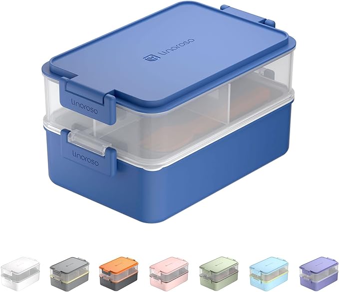 Stackable 2-Tier Adult Bento Box, 4 Compartments - Classic Blue | leakproof sauce cups, utensil set included, microwave & dishwasher safe, 7 colors available, ideal for work/school/picnic