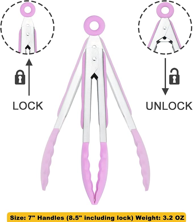 HINMAY Small Serving Tongs with Silicone Tips 7-Inch Mini Tongs, Set of 3 (Pink)