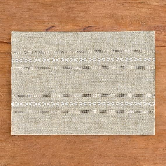 Wracra Cotton Linen Place Mats, Coffee Embroidered Placemats Set of 6 | Placemats 12 x 18 Inch; Cotton Linen Woven Fabric; Heat Resistant Table Mats; Raised Embroidered Hollow Design