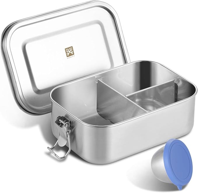 GOLDEN KEY 27oz Stainless Steel Bento Box for Kids,800ml Stainless Steel Lunch Box with Leakproof Condiment Container,3 Compartment Snack Containers for On the Go Meal,Freezer & Dishwasher Safe (Blue)