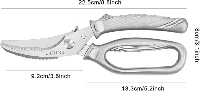 CHEN-KE Rust Resistant Heavy Duty Multipurpose Kitchen Shears-Silver | Stainless Steel Kitchen Scissors, One-Hand, Ergonomic Grip, Sharp Durable Poultry Scissors for Chicken, Meat, Food Cutting