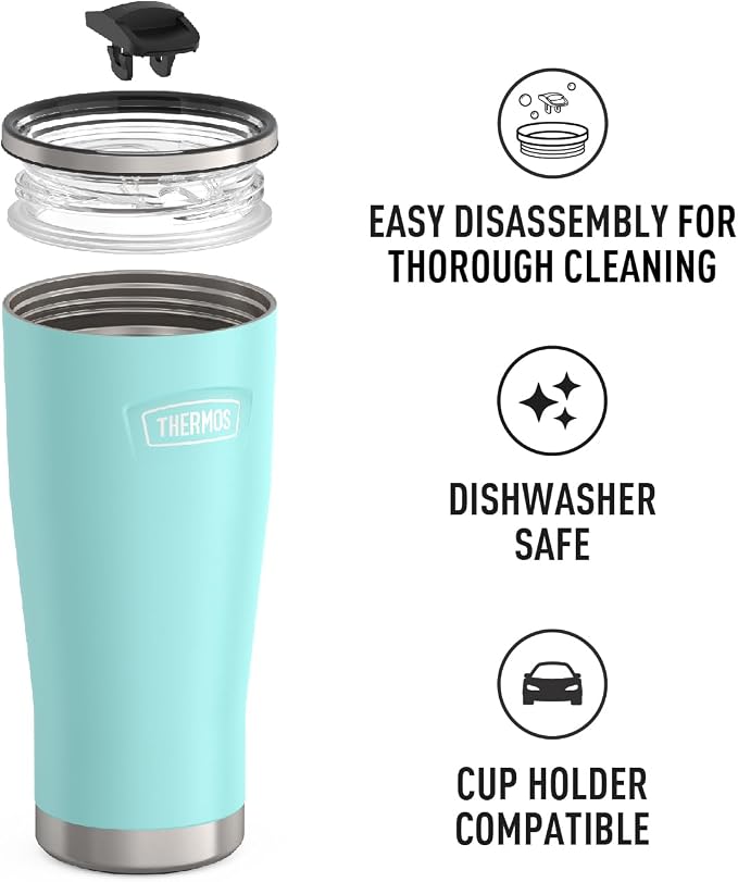 THERMOS Icon Series 24oz Stainless Steel Tumbler with Slide Lock Lid, Leakproof, Fits Cupholder, Dishwasher Safe, Griptec™ Non‑Slip Base, Keeps Drinks Hot 6 Hrs/Cold 22 Hrs, Sea Green