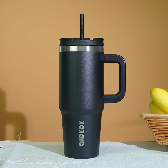 BJPKPK 40 oz Insulated Tumbler with Handle & Straw, Stainless Steel | Double Wall Vacuum Insulation, Leak Proof, BPA Free, Dishwasher Safe, Cupholder Friendly, Travel & Outdoor, Black