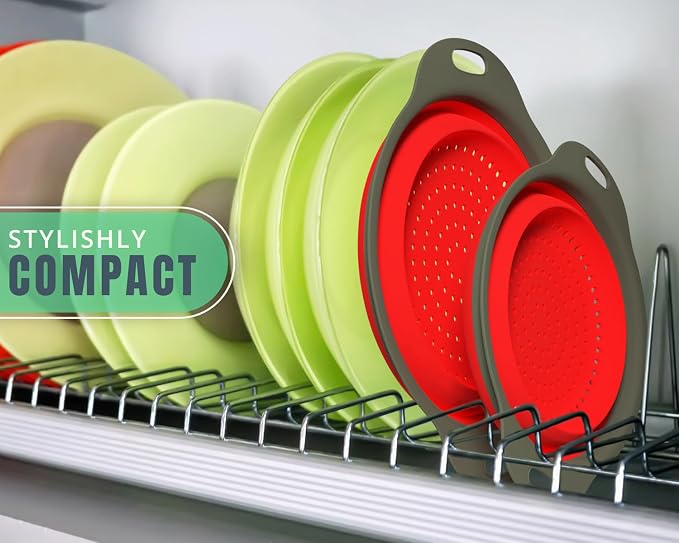 Comfify Ultimate Kitchen Strainers Set of 2 - Collapsible Silicone Colanders For Easy Storage - Use with Pasta & Veggies or as a Fruit or Berry Bowl with Strainer - Irreplaceable for Campers - Red | Red; silicone; set of 2 (8" & 9.5"); collapses to 1.2...