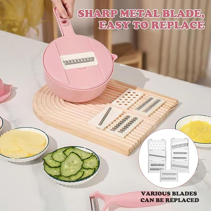 Mandoline Vegetable Slicer Set with 6 Interchangeable Blades, Grater and Peeler, Pink and Blue (Pink)