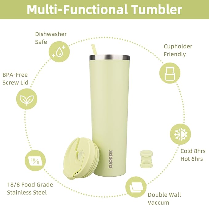 BJPKPK 34oz Coffee Tumbler with Straw, Insulated Stainless Steel Cup | Double Wall Vacuum, Leak Proof Lid, Keeps Hot/Cold/Iced, BPA Free, Dishwasher Safe, Travel & Outdoor, Macaron Green