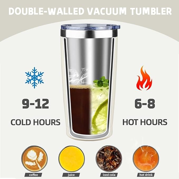 20 oz Tumbler with Lids and Straws, Stainless Steel Insulated Coffee Tumbler, Double Wall Vacuum Insulated Travel Mug Cup, Leakproof Thermal Coffee Cup for Hot and Cold Drinks (cream)