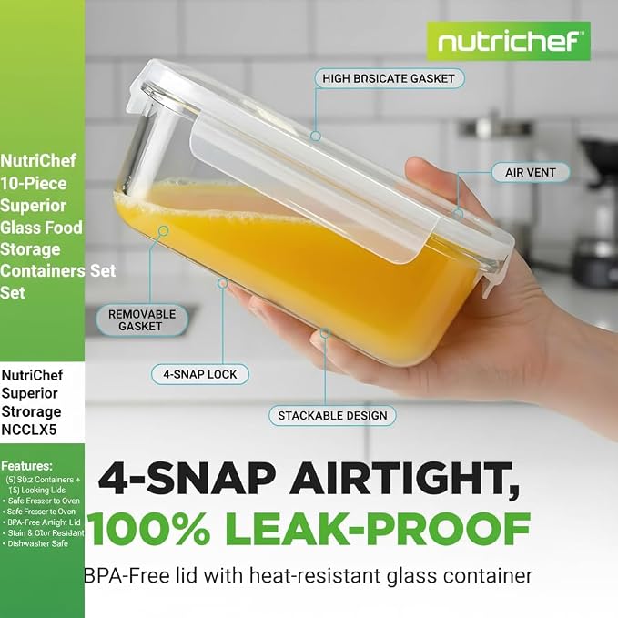 NutriChef 5-Piece 30 oz Reusable Glass Meal Prep Containers - Stackable Kitchen Storage Containers for Food, 4-Side Locking Plastic Lids w/Vent Hole - Easy to Clean, Dishwasher Safe (Flat)