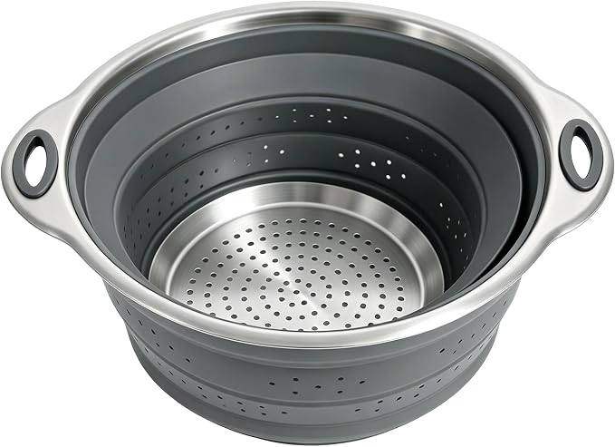 Mejoncb Collapsible Colander – Platinum Silicone Strainer with Stainless Steel Base, BPA-Free & Heat Resistant Kitchen Drain Basket (Gery)