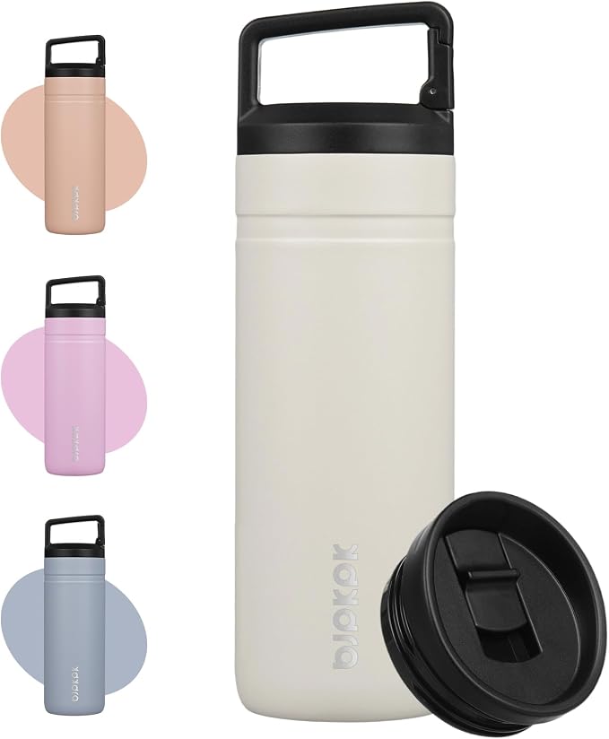 BJPKPK 20 oz Insulated Travel Water Bottle, Coffee Tumbler Stainless Steel | Double Wall Vacuum, Leakproof, Thermal, Keeps Hot/Cold, BPA Free, Dishwasher Safe, Spill Proof, Wide Mouth, 2 Lids, Milky