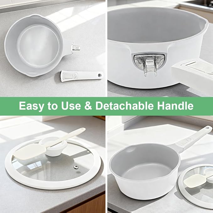 AIKENBBKK Nonstick Sauce Pan with Lid, 2.5 Qt Ceramic Saucepan with Lid, Non Stick Sauce Pan, Milk Pot&Sauce Pot&Saucepan with Pour Spout, Detachable Handle Milk Pan, Induction Compatible, White