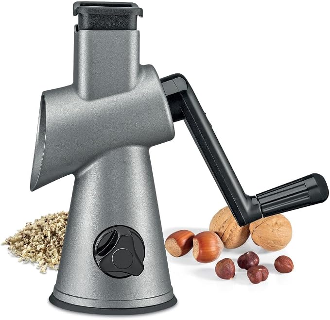 cheese grater hand crank manual, cheese shredder, High Grade steel housing-Vegetable Slicer salad shooter & vegetable shredder Rotary Grater Slicer for, Nuts, with 3 Interchangeable Blades
