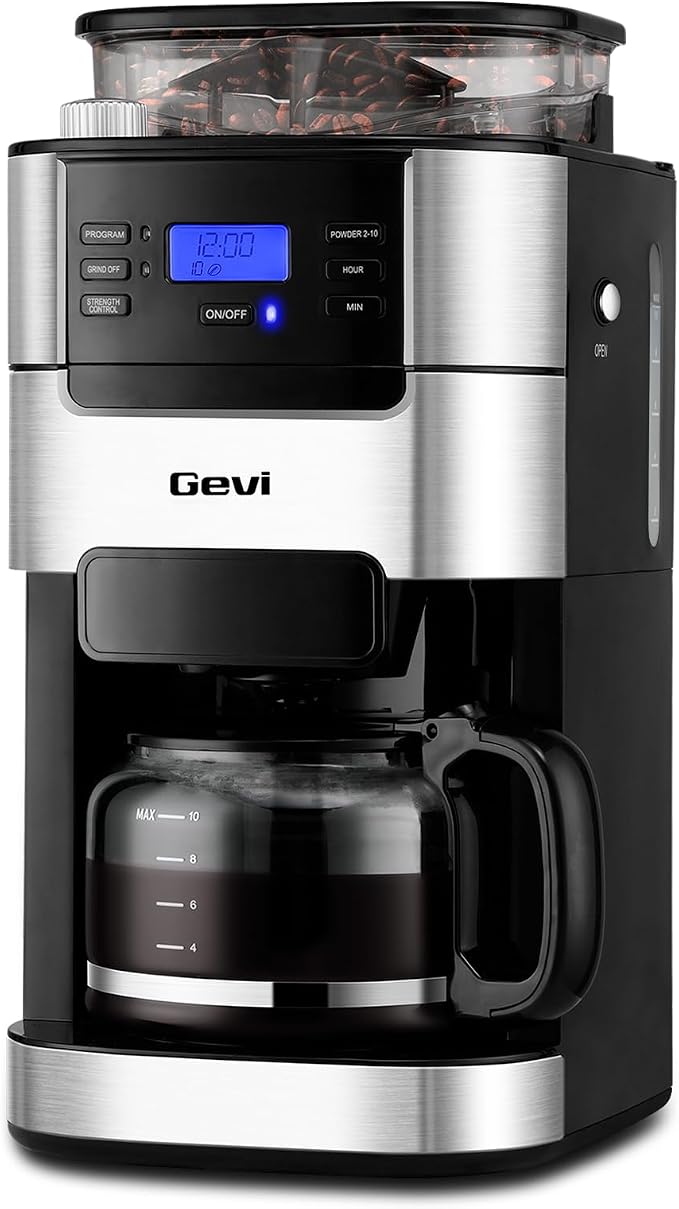 Gevi All In One 10-Cup Grind & Brew Coffee Maker with Built-In Burr Grinder | 24-Hour Programmable Timer, 1.5L Water Tank, Warm Plate, Reusable Filter & Glass Carafe for Daily Fresh Coffee Brewing