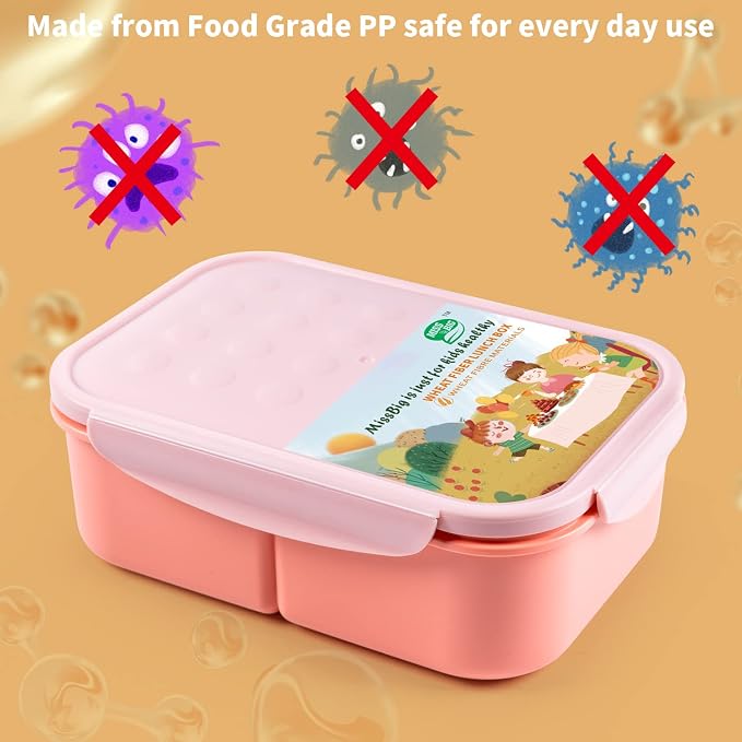 MISS BIG® Large Bento Lunch Box for Adults, 1900ml, 3 Compartments, Pink | Pink 1900ml large lunch box for adults, work meals, office meal prep, picnic, road trip, and travel.