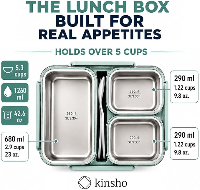 kinsho BIG Bento Lunch Box & Bag, Stainless Steel - Adults Teens Kids Green | Holds 5 Cups in 3 Removable Metal Containers, Silicone Seals, Bonus Lids, Insulated, Utensils, Leakproof for Work School Food