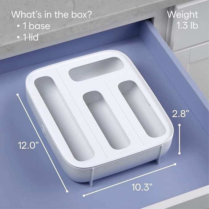 YouCopia StoraBag Drawer Food Bags Dispenser, 4-Slot, Plastic Sandwich Bag Organizer for Kitchen Storage, White