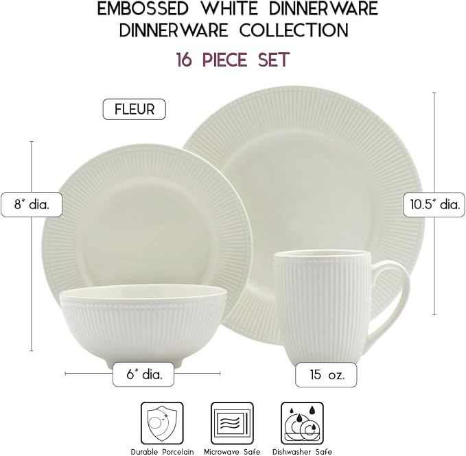 Tabletops Gallery Embossed Bone White Porcelain Round Dinnerware Collection- Chip Resistant Scratch Resistant, Fleur 16 Piece Dinnerware Set (Dinner Plate, Salad Plate, Cereal Bowl, Mug)