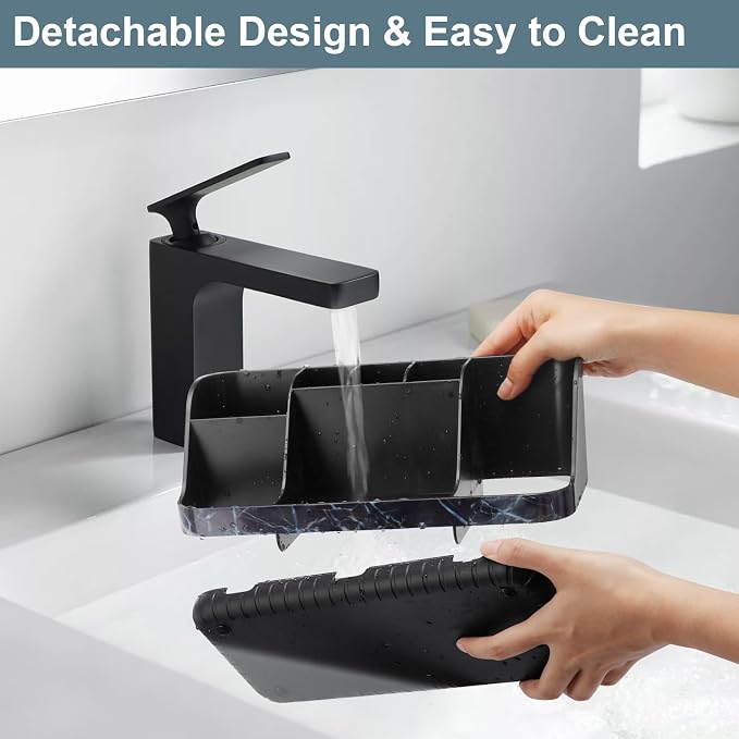 GFWARE Marble Black Toothbrush Holder for Bathrooms, Bathroom Sink Storage | Detachable 7 Slots Kid Electric Toothbrush and Toothpaste Holder, Bathroom Sink Accessories Storage Caddy Marble-Look, Black