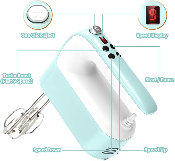 Yomelo 9-Speed Digital Hand Mixer Electric, 400W Powerful DC Motor, Hand Mixer Electric Handheld with Snap-On Storage Case, 5 Stainless Steel Accessories, Beaters, Dough Hooks, Whisk(Ice Blue/White)