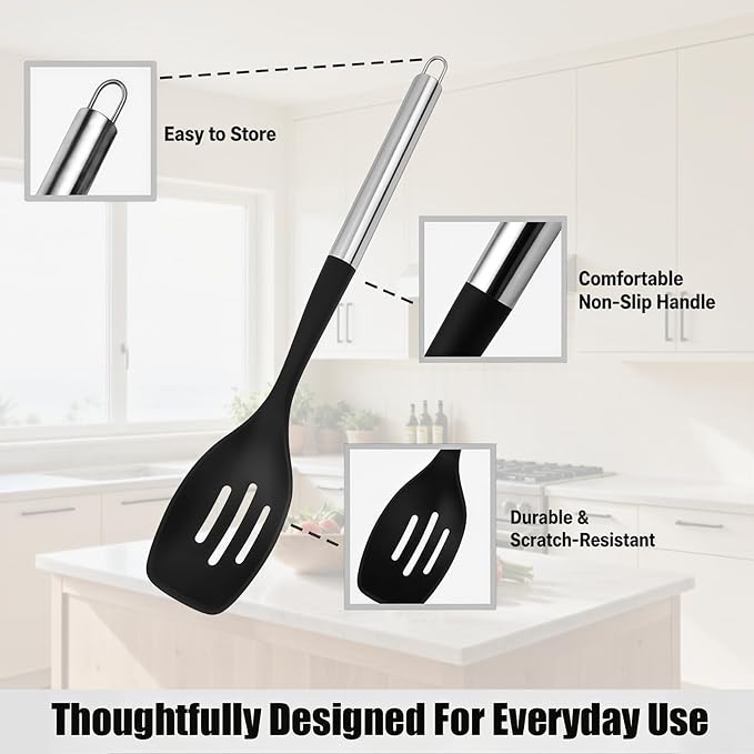 4PCS Silicone Spatula Spoon Set, Large Silicone Cooking Utensils Set with Stainless Steel Handle, Heat Resistant Cooking Spatula Set, Nonstick Solid and Slotted Turners, Serving Spoon (Black Silver)