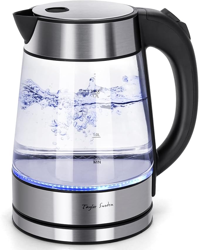 Taylor Swoden 1.7L Electric Tea Kettle, Glass Hot Water Boiler for Tea | Fast Boiling Electric Kettle Cordless Water Boiler with Auto Shutoff & Boil Dry Protection, Glass & Stainless Steel